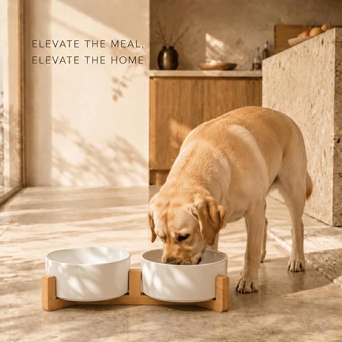 SPUNKYJUNKY Ceramic Dog and Cat Bowl Set with Wooden Stand, Modern Cute Weighted Food Water Bowl Set for Medium to Large Size Dogs (42 OZ, 2 × White)