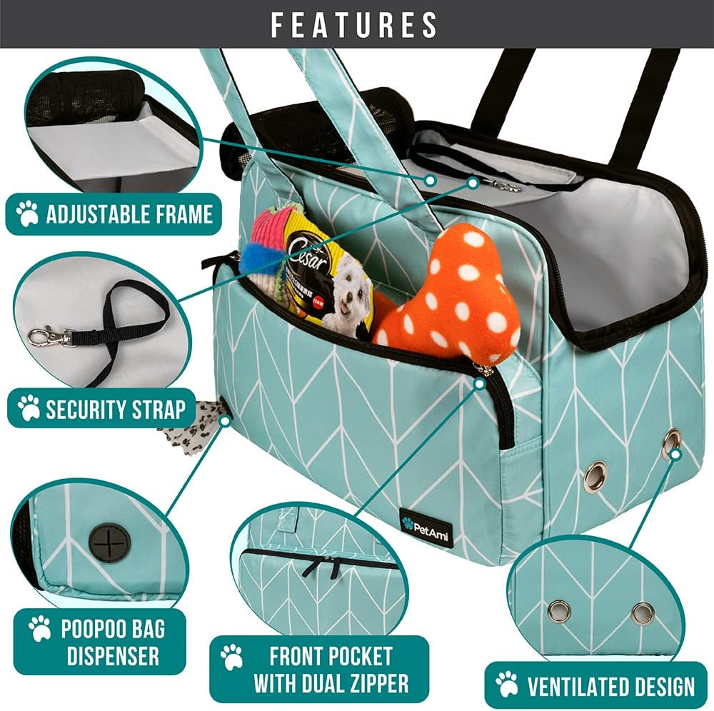 PetAmi Small Dog Purse Carrier, Soft-Sided Pet Carrier Bag with Pockets, Portable Puppy Cat Travel Handbag Tote, Airline Approved Breathable Mesh, Poop Bag Dispenser, Max 18 lbs, Chevron Teal