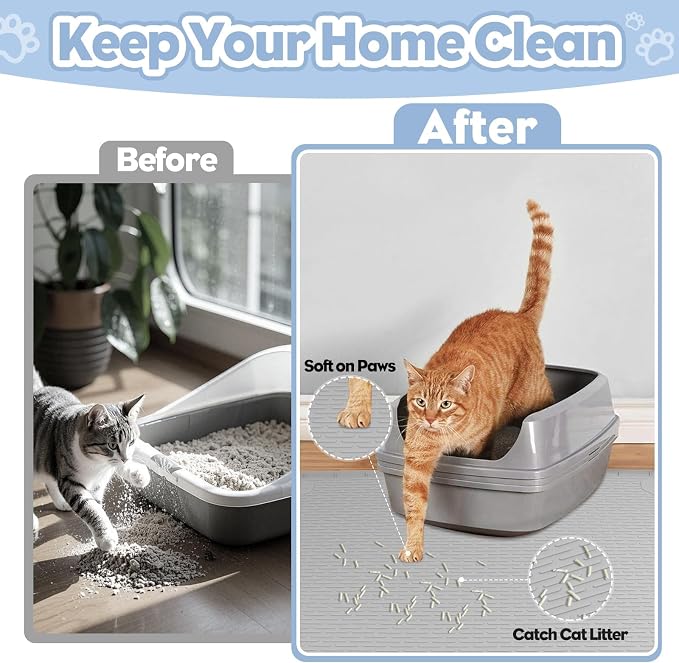 Kalolary Cat Litter Box Mats, Large 34" x 22" Silicone Cat Mat, Easy to Clean Kitty Litter Trapping Mat, Soft on Kitty Paws, Waterproof, Urine-Proof Kittys Litter Mats for Floor, Light Grey