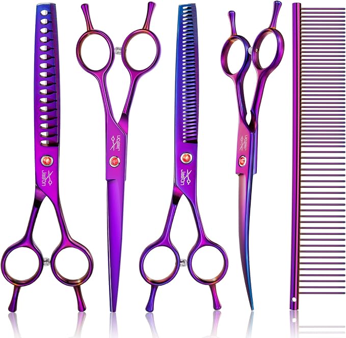 JASON Dog Grooming Scissors Kit, Professional 7 in 1 Dog Scissors Sharp Shears Set - Straight, Thinning, Chunker, Curved Shears and Comb for Long Short Hair for Dog Cat Pet Christmas Gift