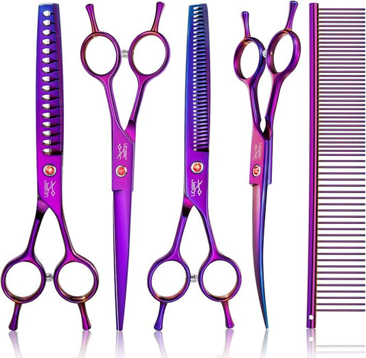 JASON Dog Grooming Scissors Kit, Professional 7 in 1 Dog Scissors Sharp Shears Set - Straight, Thinning, Chunker, Curved Shears and Comb for Long Short Hair for Dog Cat Pet Christmas Gift