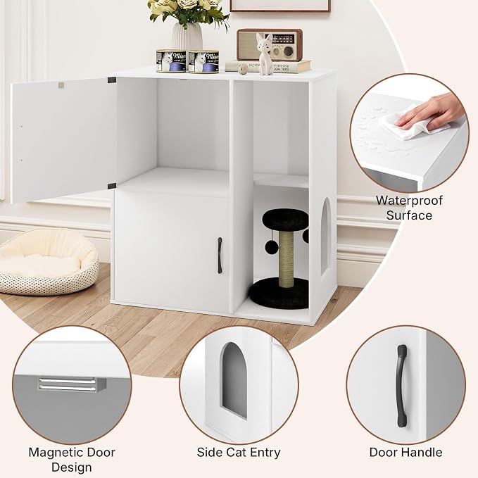 Rovibek Double Cat Litter Box Enclosure,Two Tier Hidden Litter Box Furniture for 2 Cats with Scratching Post and Storage, Dual Cat Litter Cabinet for 2 Litter Boxes, White