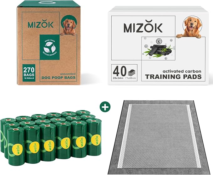 MIZOK Dog Poop Bags Rolls 270 Count & Pee Pads for Dogs 40 Counts - Large 28x34 Inches, 65% Recycled Material Poop Bags for Dogs, Leakproof, Extra Thick Durable, Charcoal Puppy Pads, Super Absorbent