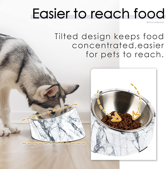 SuperDesign Mess Free 15° Slanted Bowl for Dogs and Cats, Tilted Angle Bulldog Bowl Dog Feeder, Non-Skid & Non-Spill, Easier to Reach Food L/2 Cup Marble Pattern