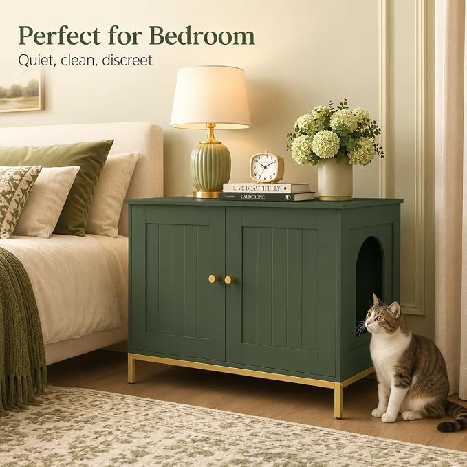 Homhedy Cat Litter Box Enclosure, Cat Washroom Furniture with Metal Frame, Pet House, Fit Most of Litter Box, Modern Style, Green and Gold