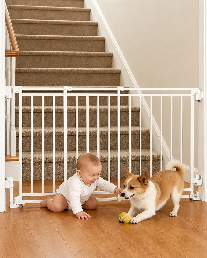 Baby Gate for Stairs, Doorways & Hallways with Auto Close – 32"-54" W x 29" H, Extra-Wide Walk Thru and No Bottom Bar for Easy Access, Adjustable Safety Gate for Dogs & Toddlers, White