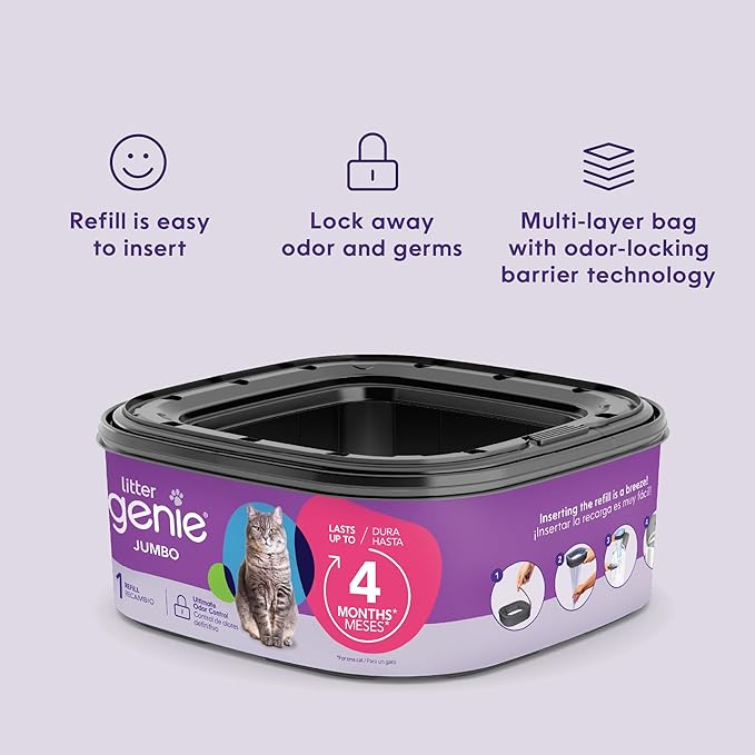 Litter Genie Refill Bags | Jumbo, 56 ft | Up to 8 Months of Supply in 2 cartridges | Ultimate Odor Control Cat Litter Bags, 2 Count (Pack of 3)