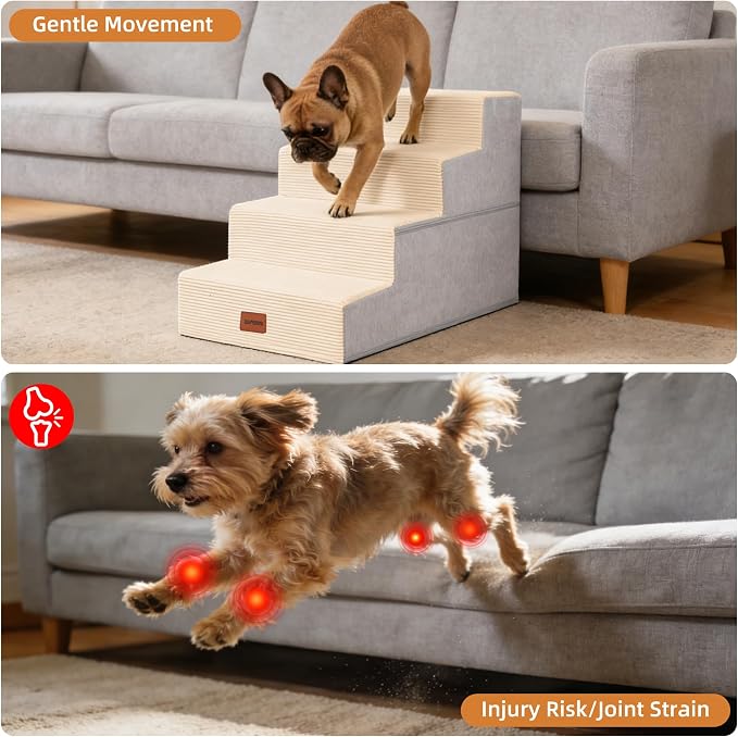 Dog Stairs for Small Dogs, 18" H, 4-Step Pet Steps for Bed Couch Sofa and Chair, Non-Slip Balanced Pet Ramp for Injured & Senior Pets with Washable Cover and Durable High Density Foam,Beige