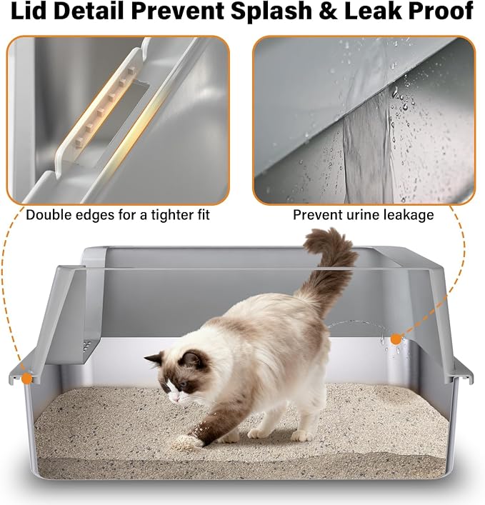 Stainless Steel Litter Box,XL Metal Cat Litter Box with High Sides Lid, Extra Large Litter Boxes for Big Cats,Odor-Resistant, Scratch-Proof, Easy to Clean, Non-Stick,Scoop Included