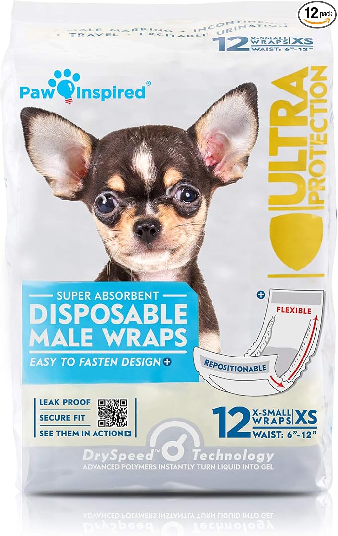 Paw Inspired Disposable Male Dog Wraps, Belly Band for Dogs | Disposable Dog Diapers | Belly Bands for Male Dogs (12 Count, X-Small)