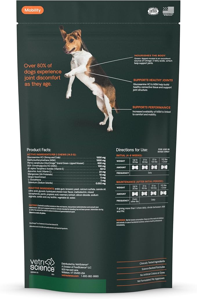 VetriScience Extra Strength Hip & Joint Supplement for Dogs – Supports Joint Health & Mobility, Vet-formulated w/Glucosamine, MSM & Green-Lipped Mussel – Chicken Flavor, 120 Chews