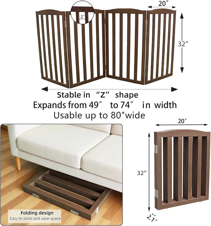 Freestanding Dog Gate Indoor,Doggie Gate Foldable Pet Gates for Doorways,Stairs or Hallways, Wooden Brown Pet Gate for the House, Pet Fence,32 "Height-4 Panels