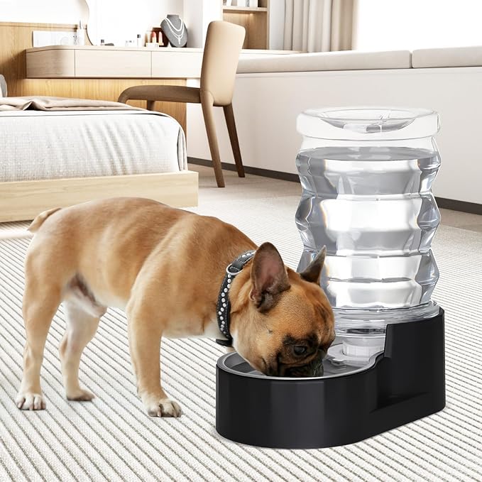 RIZZARI Dog Water Dispenser: 7L Black Stainless Steel Gravity Waterer - Helps Prevent Urinary Stones - Leak-Proof & Stable-Small to Medium Dogs & Cats- Daily Use-Long Hours Away & Home