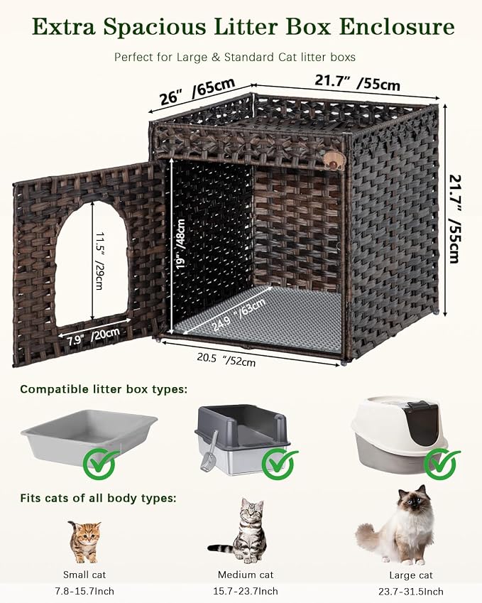 SETVSON Cat Litter Box Enclosure Furniture, Large Hidden Litter Box Furniture, Handwoven Rattan Cat House Cabinet, One Mat, Two S-Shaped Hooks, Living Room, Apartment 21.6 X 26 X 21.6 Inches, Brown