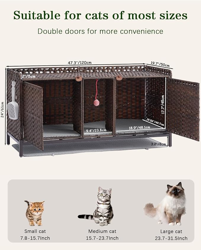 SETVSON Cat Litter Box Enclosure for 2 Cats, Hidden Litter Box Furniture with Mat, Large Rattan Cat House with Double Room and Door, 47.3 L x 19.7 W x 24 H, 2 S-Shaped Hooks for Living Room Brown