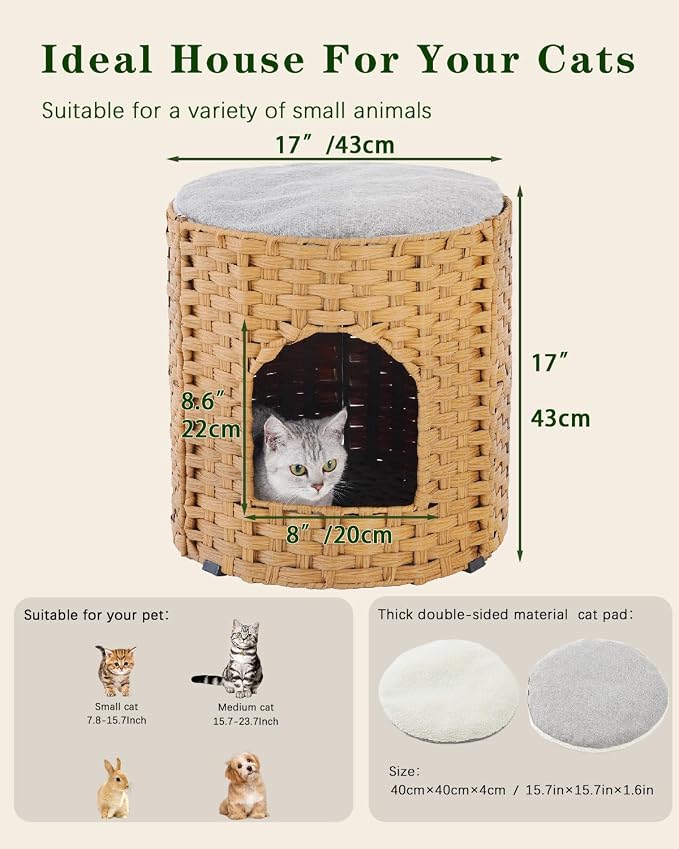 SETVSON Cat House for Indoor Cat, Large Double Cat Houses Cat Bed Cave, Handwoven Rattan Pet Beds with One Soft Pad, 17 x 17 x 17 Inches Foldable Kitten Hideaway in Living Room Natural