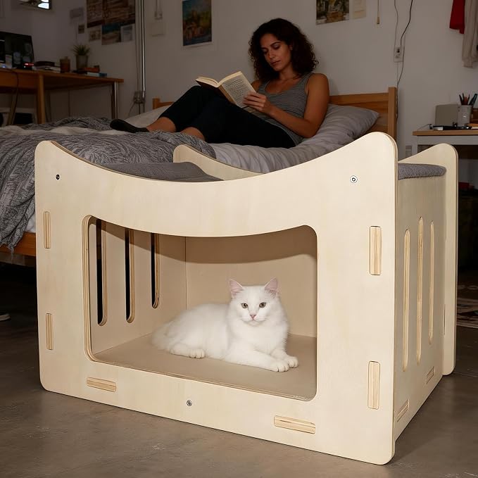 Cute Cat Head Wooden Indoor Cat House, Double Decker Cat Shelter with Elevated Soft Canvas Upper Bed, Multi-Level Pet Condo for Cats & Rabbits