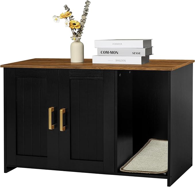 DWANTON Litter Box Enclosure, Cat Litter Box Furniture Hidden, with Scratching Mat, Wooden Cat Washroom Indoor, 31.5" L x 19.7" W x 21.7" H, Black and Warm Brown