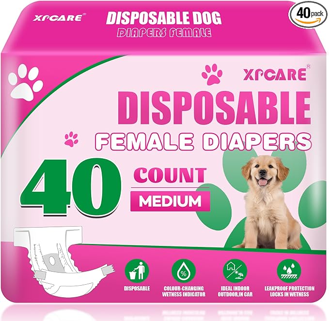 XPCARE 40 Count Disposable Female Dog Diapers, Super Absorbent, Leak Proof, Dog Diapers,Dog Period Diaper Female, for Incontinence, Estrus Female Dogs (Medium)