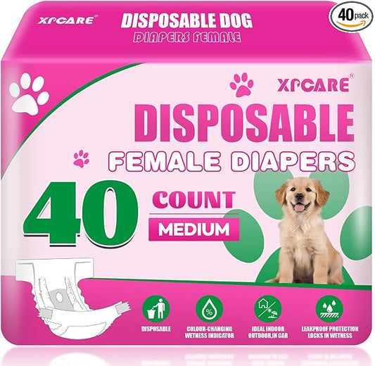 XPCARE 40 Count Disposable Female Dog Diapers, Super Absorbent, Leak Proof, Dog Diapers,Dog Period Diaper Female, for Incontinence, Estrus Female Dogs (Medium)