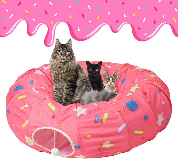 Large Cat Donut Tunnel, Big Cat Tunnel Bed,Fluffy Toy Balls, Small Cushion and Flexible Design- 12 inch Diameter, Great for Small Dogs,Pink