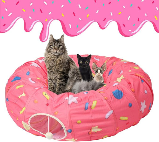 Large Cat Donut Tunnel, Big Cat Tunnel Bed,Fluffy Toy Balls, Small Cushion and Flexible Design- 12 inch Diameter, Great for Small Dogs,Pink