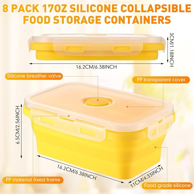 Mifoci Set of 8 Silicone Collapsible Bowls for Camping with Vent Lid Silicone Storage Containers for Food Meal Preparation Square Bowl Microwave Freezer Dishwasher Safe(Macaron Color,17 Oz/ 500 ml)