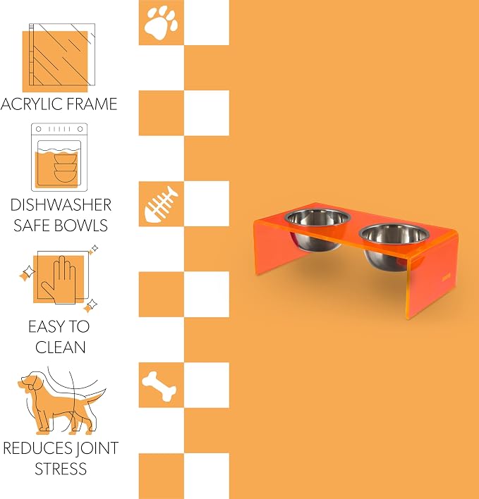 DBL2000E Keaton 5" Small/Medium Modern Acrylic Rectangular Elevated Pet Feeder with 20oz 2-Stainless Steel Bowls, Pink/Chrome