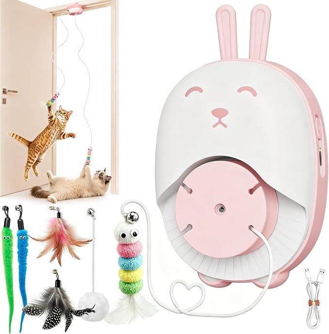 Interactive Cat Toys for Indoor Cats,Automatic Hanging Door Cat Teaser Toy with 6 accessories,2 Modes,Auto Pause & USB Rechargeable Electric Cat Chase Toy,Durable Safe for Bored Adult Kitten-Pink