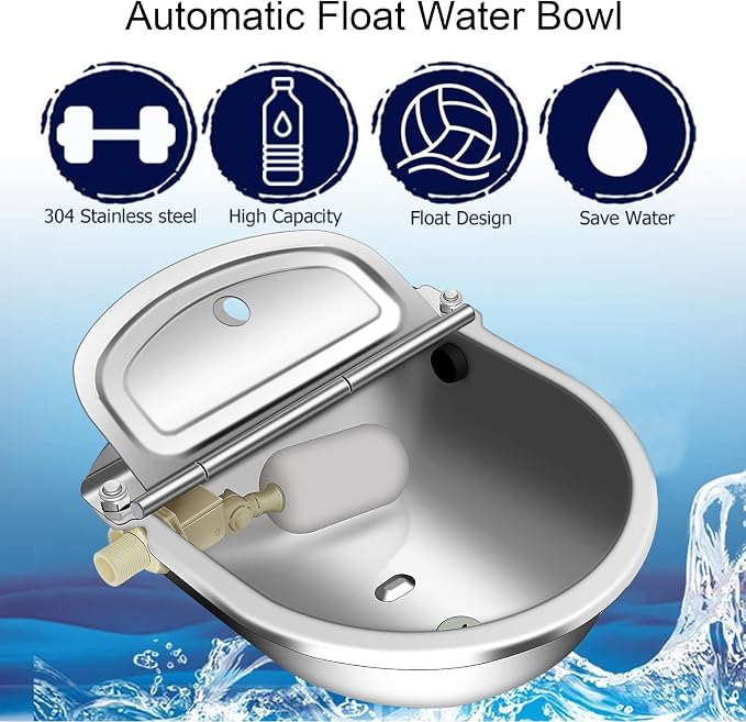 Automatic Animal Drinking Water Bowl, Stainless Steel Automatic Water Dispenser for Dogs Horses Goats, Livestock Waterer Water Trough with 2 Float Valves, Hose