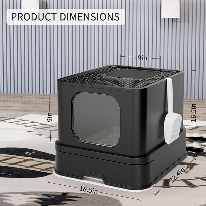 RIZZARI Stainless Steel Cat Box: All Black Large Capacity Enclosed Litter Pan with High Walls - Non-Stick Teflon Coating & Leak-Proof Drawer - Odor Control - Perfect for Living Room Balcony