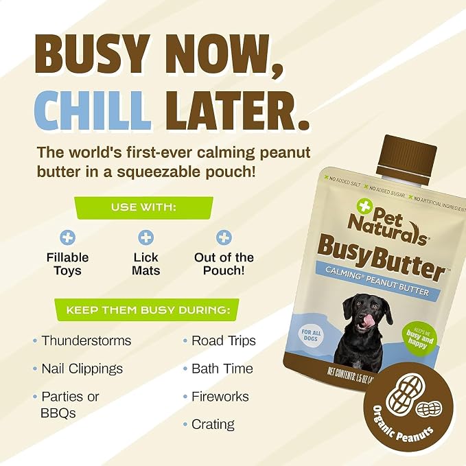 Pet Naturals BusyButter Easy Squeeze Calming Peanut Butter for Dogs, 6 Pouches & Calming Treats for Dogs, 30 Chews