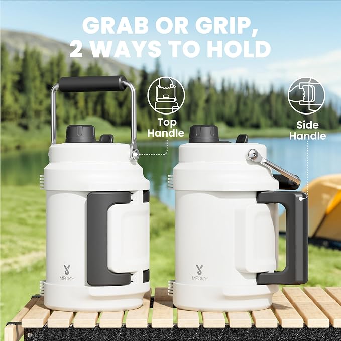 64 oz Insulated Water Bottle for Gym: Meoky Triple Wall Vacuum Stainless Steel Half Gallon Water Jug - Top and Side Handles, 2-in-1 Straw and Spout Lid, Cold for 36 Hrs, Leak Proof for Camping (Ivory)