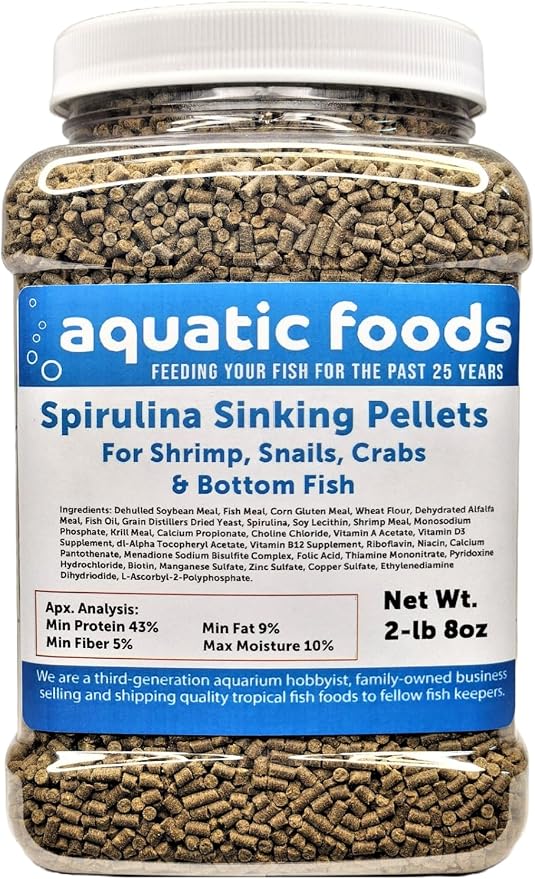 Spirulina Sinking Pellets for Shrimp, Snails, Crabs, Catfish, Plecos for All Tropical Fish 1/16" x 3/8" Pellets by Zeigler…2-lb 8oz Med Jar
