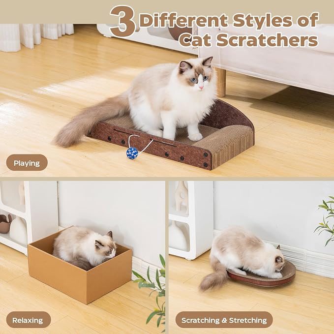 Avont 3-Piece Cardboard Cat Scratcher Set Bundle with Cat House, Foldable Cave Hideaway Bed for Indoor Cats