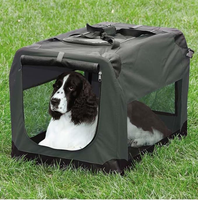 Dog Crate Soft Side Collapsible Charcoal Grey Sturdy Light Weight Portable Travel (Large 40" x 27" x 27")