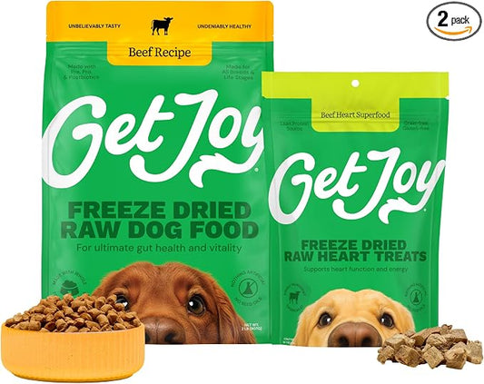 Get Joy Freeze-Dried Meal and Treats Bundle, Endurance 100% Beef Heart Dog Treats, 4 Ounce, and Gut Health Fresh Freeze Dried Raw Meal Dog Food, Beef Recipe, 32 Ounce