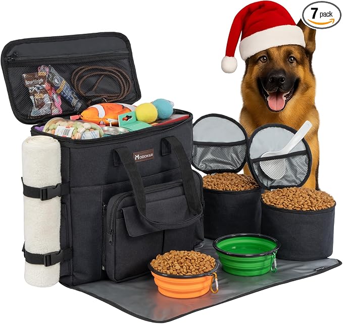 Modoker Dog Travel Bag with 2 Collapsible Dog Bowls, 1 Dog Backpack, Airline Approved Pet Travel BagOrganizer for Supplies & Accessories, 2 Travel Dog Food Container, Black