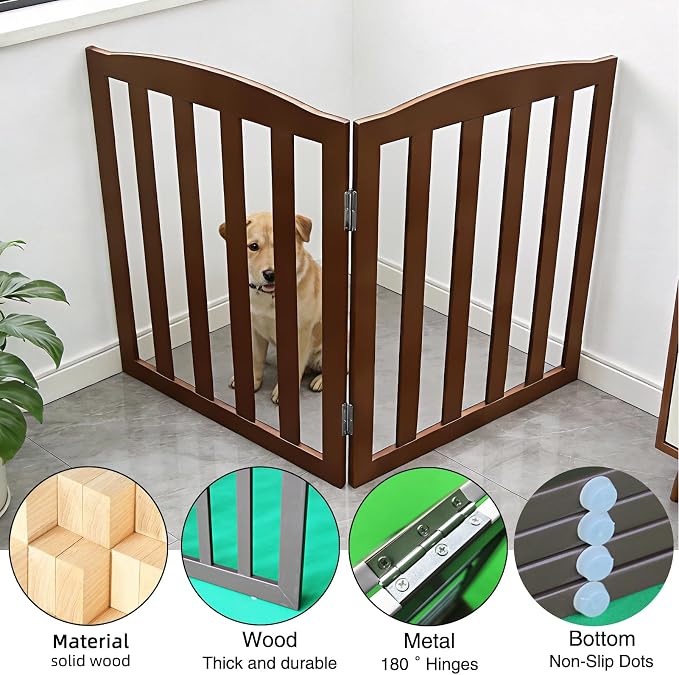 Freestanding Dog Gate Indoor,Doggie Gate Foldable Pet Gates for Doorways,Stairs or Hallways, Wooden Brown Pet Gate for the House, Pet Fence,32 "Height-2 Panels