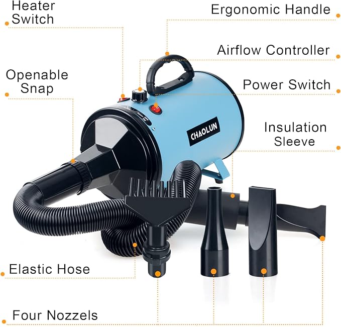 High Velocity Dog Grooming Dryer, Dog Blow Dryer, Pet Hair Dryer with Heater, Adjustable Speed, Blue