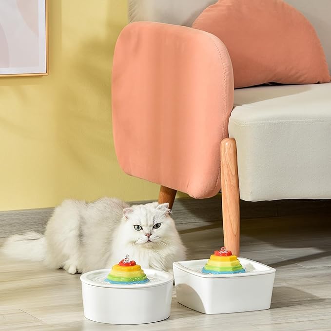 Ceramic Cat Water Fountain 1.5L/50.73oz Rainbow Cats Tower Water Dispenser Dog Water Bowl Dispenser Cat Fountain for Cats Indoor Ultra Quiet Pump Pets Water Bottle Rectangular