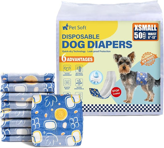 Pet Soft Male Dog Diapers - Disposable Male Dog Wraps with Wetness Indicator, Puppy Diapers for Pets Excitable Urination or Incontinence, 50pcs XSmall