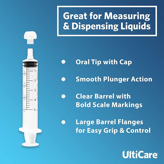 UltiCare 5mL (1 TSP) Oral Tip Syringe – Uses Include Oral Administration of Medicine for Infants, Toddlers and Small Pets, and Small HH Projects. with Cap, Sterile Individually Wrapped, 60 Count