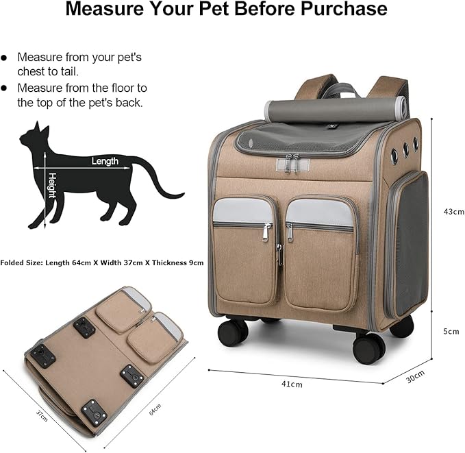 Wheeled Pet Carrier Backpack Pet Stroller,Travel Carrier with Detachable Wheels for Small Dogs Cats Puppies Up to 17 Lbs, Folding Puppy Carrier,Mesh Ventilation Windows, Storage Pockets