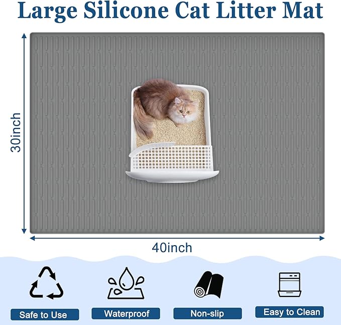 XXL Extra Large Silicone Cat Litter Trapping Mat for Scatter Control, 40"x30"(100cmx75cm) Waterproof Kitty Litter Box mat for Floor, Soft on Kitty Paws, Easy to Clean, Dark Blue