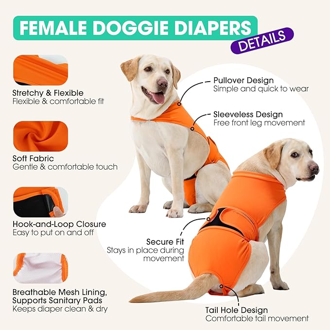Dog Diapers for Female Dogs, Washable Reusable Female Dog Diapers, Leak Proof Doggie Underwear Sanitary Pants for Heat Cycle, Incontinence and Puppy Training, Adjustable Belly Bands - Orange L