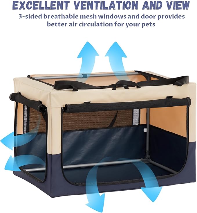 PETSFIT 30" Soft Portable Dog Crate – Patented Spiral Sturdy Frame, Collapsible Travel Kennel for Medium Dogs, 3 Mesh Door, Lockable Zippers, Indoor & Car Use Navy Blue