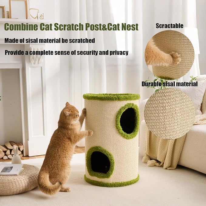 Cat House for Indoor Cats with Scratchable Sisal Material,2 Hideaways & 3 Soft Pads – Sturdy Multi-Level Cat Condo &Space-Saving Furniture for Multiple Pets, Easy to Assemble
