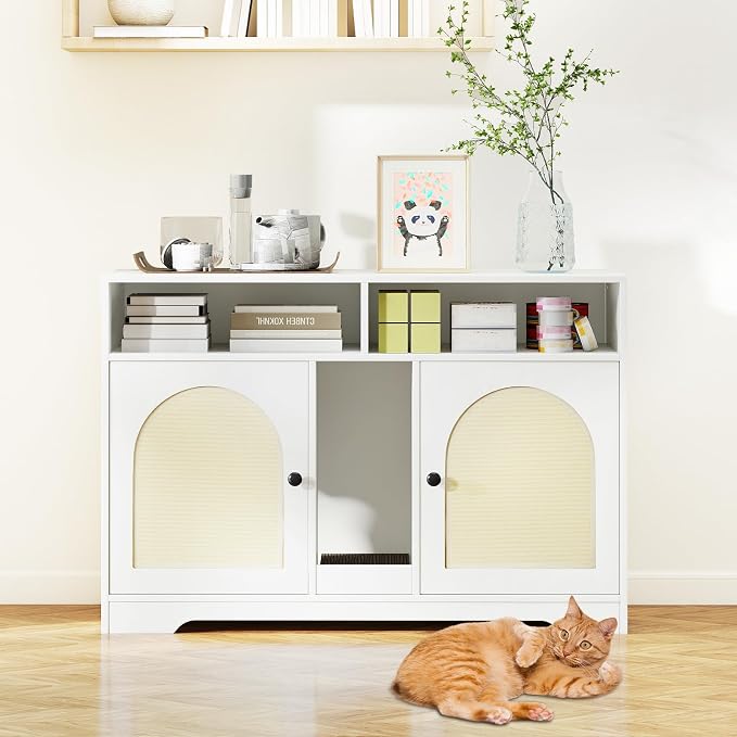 Tangkula Double Litter Box Enclosure, 43 Inch Hidden Litter Box Furniture with Shelves, Removable Scratching Board, 2 Sisal Mats, Large Enclosed Cat Box Enclosure for 2 Cats (White)