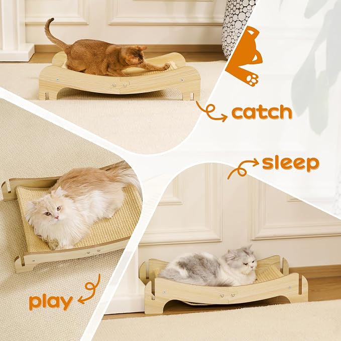 Two-Tier Sisal Cat Scratcher Bed Durable Cats Hammock Lounge for Scratching Pad, Wood Scratch Board for Indoor Kittens & Adult Cats, Easy Assembly Cats Furniture